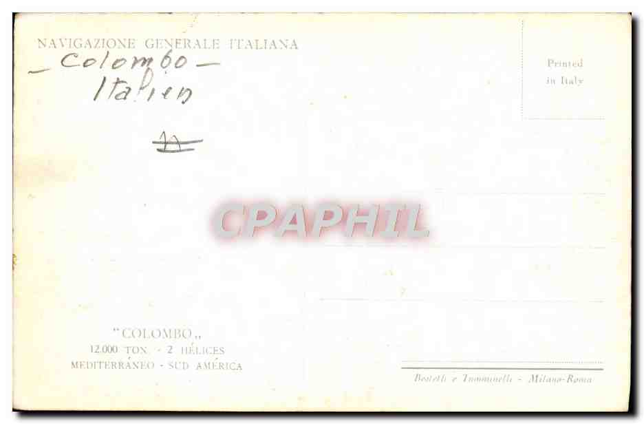 Il transatlantico Colombo — Navigazione Generale Italiana — 12.000 ton — 2 eliche — Mediterraneo - Sud America — Verso