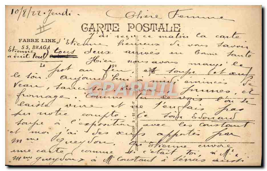 Navire à vapeur — S.S. Braga — Fabre Line — Reverso