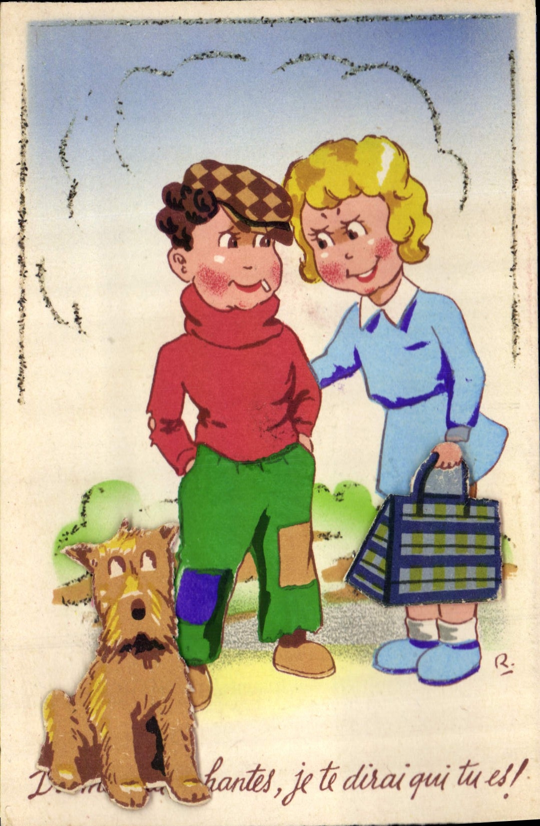 CPA Illustrateur Enfants Chien (décor en relief)