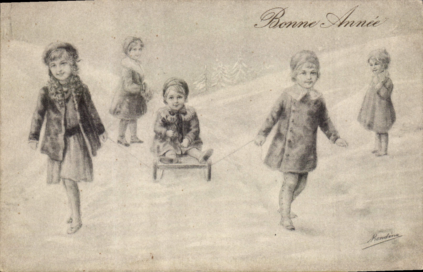 CPA Illustrateur Enfants Luge