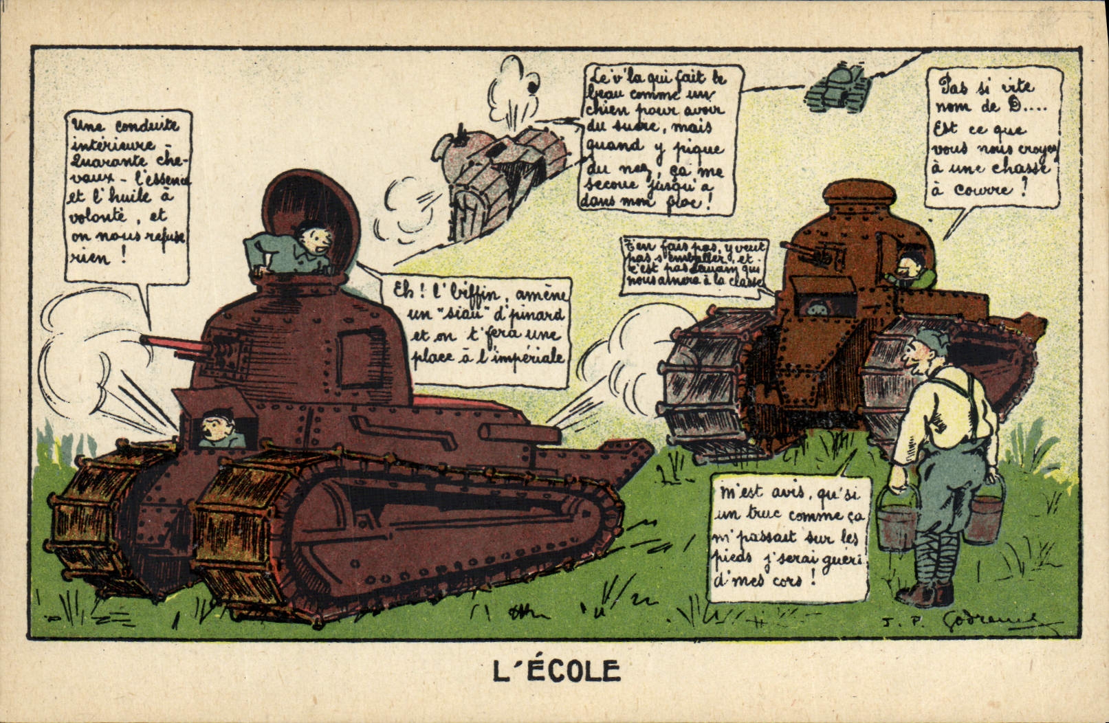 L'ÉCOLE — caricature de tanks en classe — T. P. Godriau