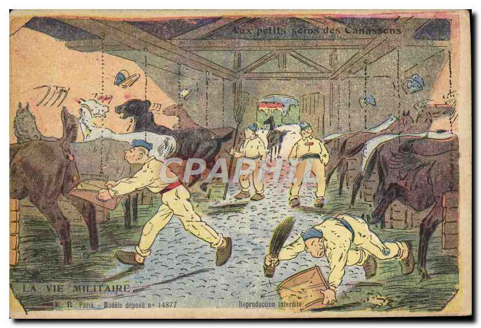Aux petits soins des Canassons — La Vie Militaire — E. R. Paris, Modèle déposé n° 14877