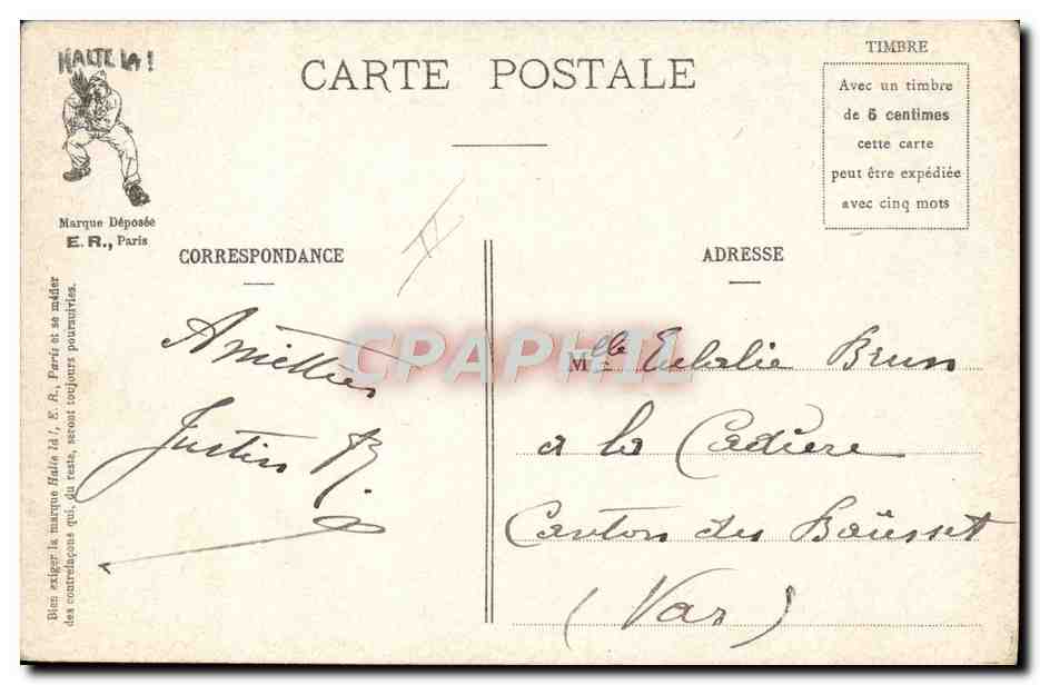 Scènes militaires — Le Train de 10 h. 3. — E.R., Paris, Modèle déposé n° 14877 — Verso