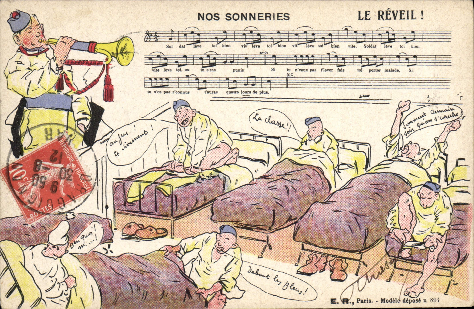 Soldats en réveil — Le Réveil ! — E. R., Paris, Modèle déposé n° 894