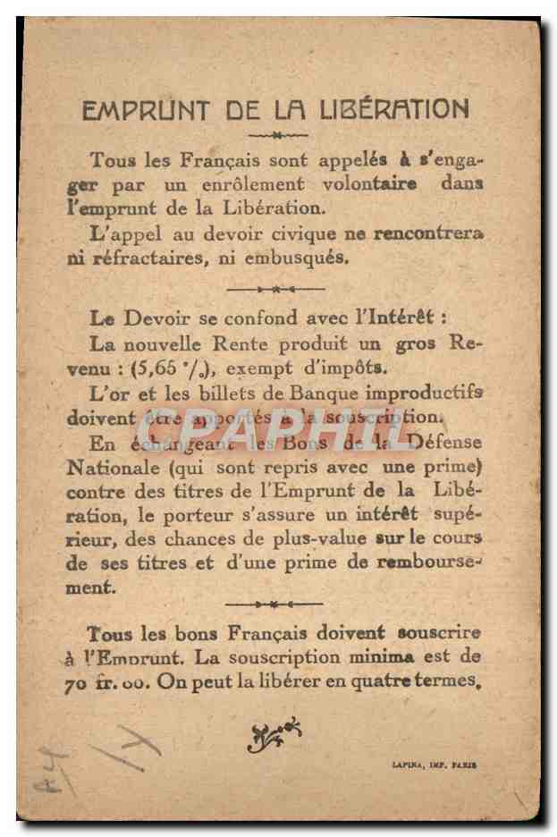 CPA Militaria Emprunt de la liberation Vainqueurs de la Marne Marechal Joffre — Rückseite