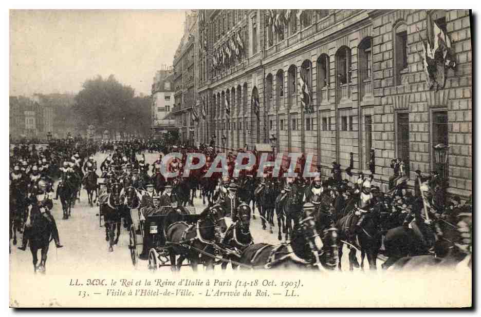 Visite à l'Hôtel-de-Ville — L'Arrivée du Roi — LL. — LL. MCM, le Roi et la Reine d'Italie à Paris (14-18 Oct. 1903)