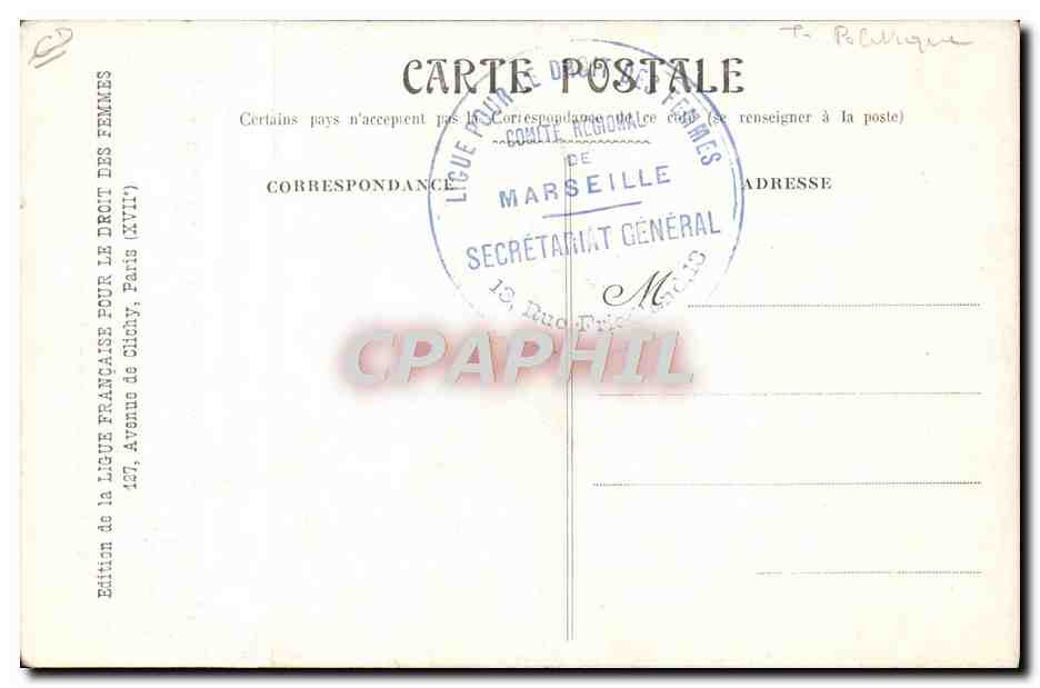 Der erste Suffragisten-Veranstaltung in Frankreich — Hôtel des Sociétés Savantes, 11. März 1910 — Ausgabe der Französischen Liga für Frauenrechte — Rückseite