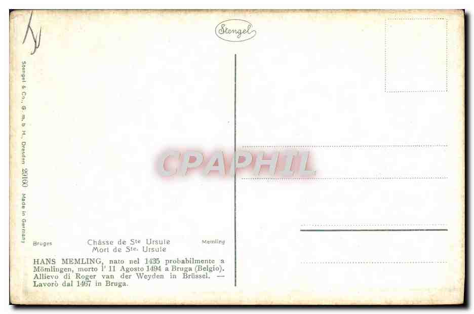 CPA Hans Memling Chasse de Ste Ursule Bruges Tir a l'arc — Verso