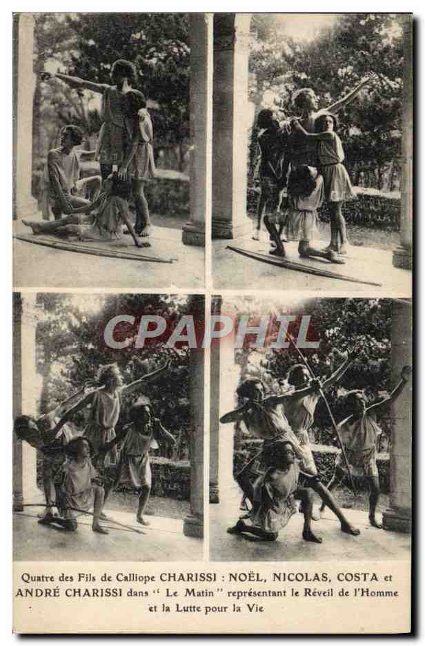 Quatre des Fils de Calliope CHARISSI : NOËL, NICOLAS, COSTA et ANDRÉ CHARISSI dans 'Le Matin' représentant le Réveil de l'Homme et la Lutte pour la Vie — sans éditeur ni numéro visible