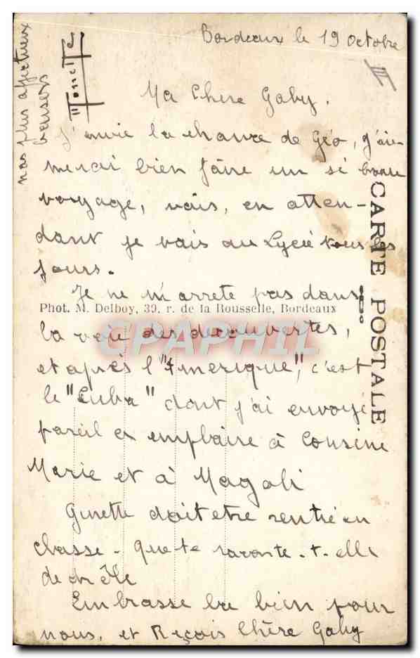 Paquebot "CUBA" — Compagnie Générale Transatlantique — M. D. n°55 — Verso
