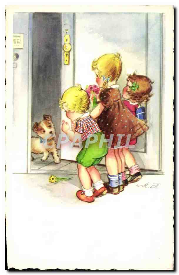 CPA Fantaisie Illustrateur Enfants Chien