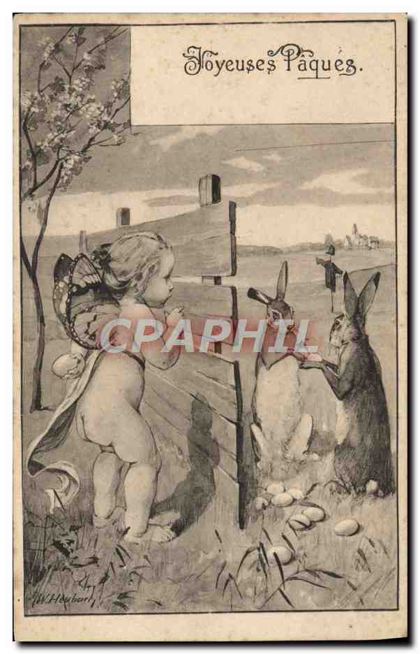 CPA Fantaisie Illustrateur Enfant Ange Lapin Lapins Paques