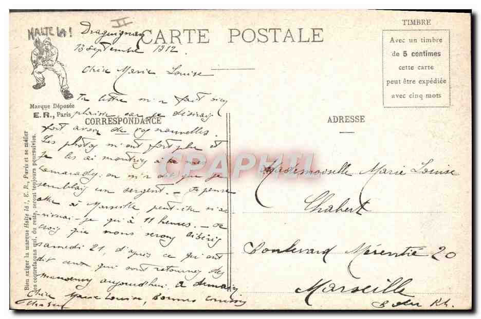 Sergent de semaine — La visite ! — E.R., Paris, Modèle déposé n°894 — Verso