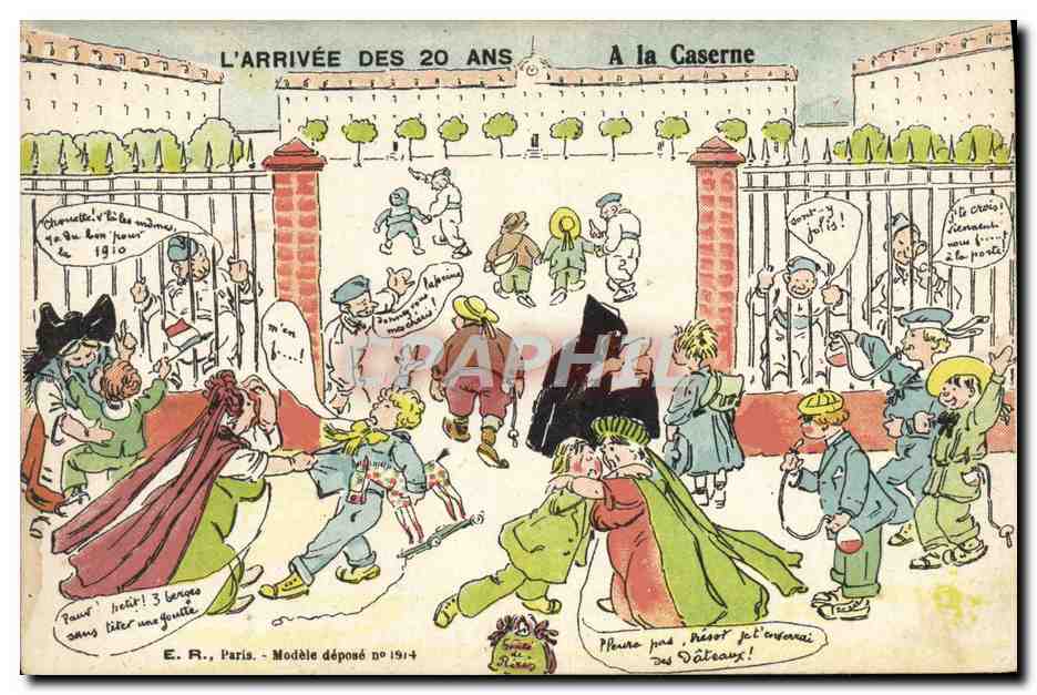 L'ARRIVÉE DES 20 ANS À LA CASERNE — E.R., Paris, Modèle déposé n° 1914