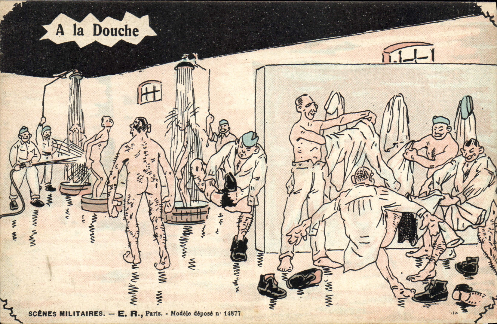 Scènes Militaires — A la Douche — E.R., Paris, Modèle déposé n° 14877