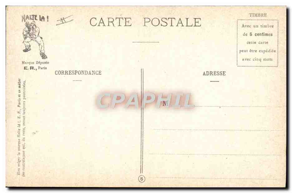 Scènes Militaires — A la Douche — E.R., Paris, Modèle déposé n° 14877 — Verso