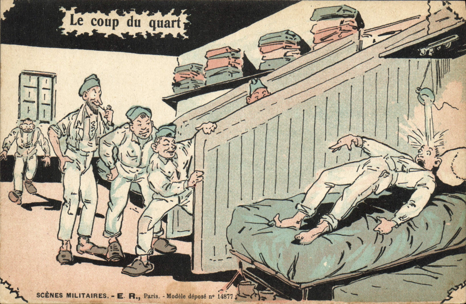 Scènes militaires — Le coup du quart — E.R., Paris, Modèle déposé n° 14877