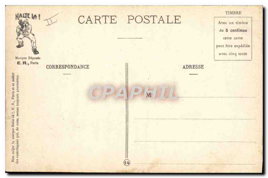 Scènes militaires — Le coup du quart — E.R., Paris, Modèle déposé n° 14877 — Verso