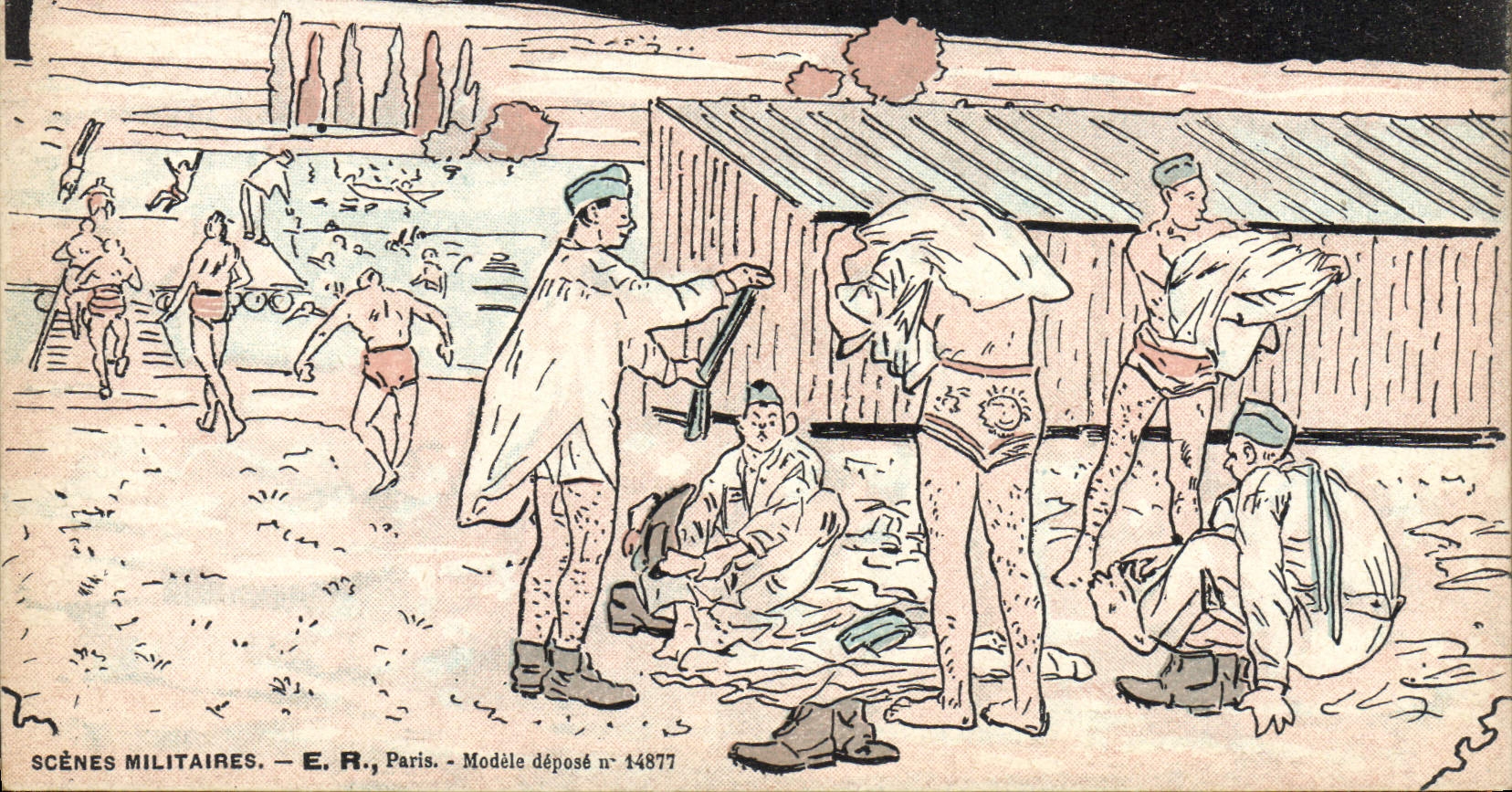 Scènes militaires — Soldats en tenue de bain près d'un bâtiment — E.R., Paris, Modèle déposé n° 14877