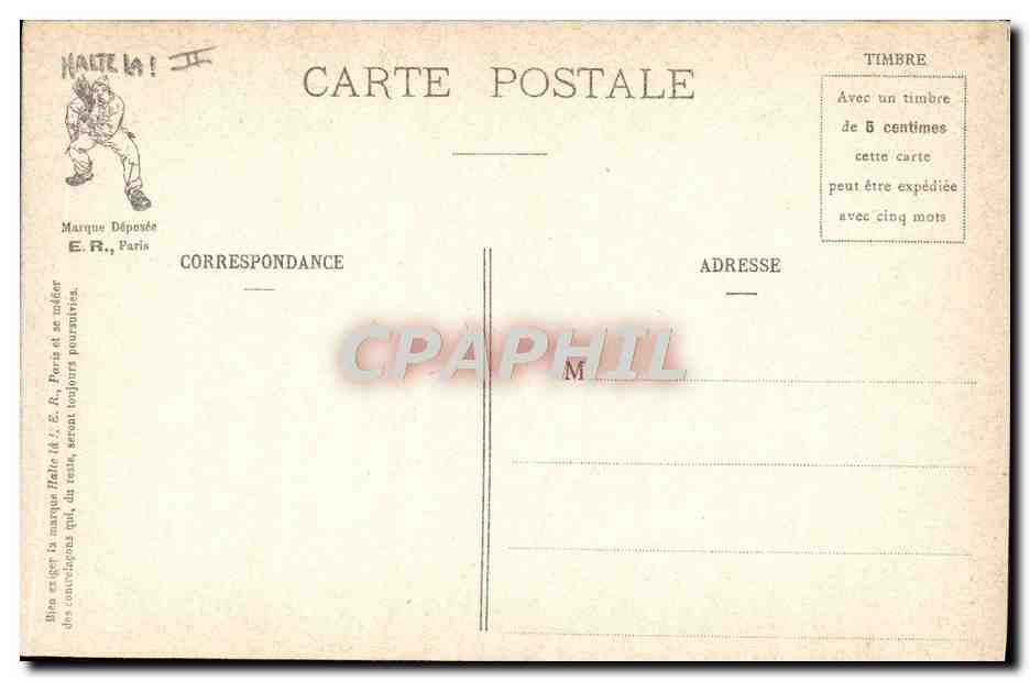 Scènes militaires — Soldats en tenue de bain près d'un bâtiment — E.R., Paris, Modèle déposé n° 14877 — Reverso