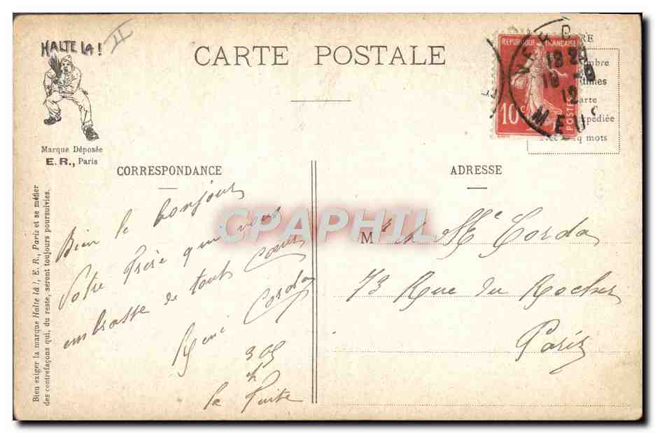 Scènes Militaires — A la Boîte ! — E.R., Paris, Modèle déposé n° 14877 — Verso