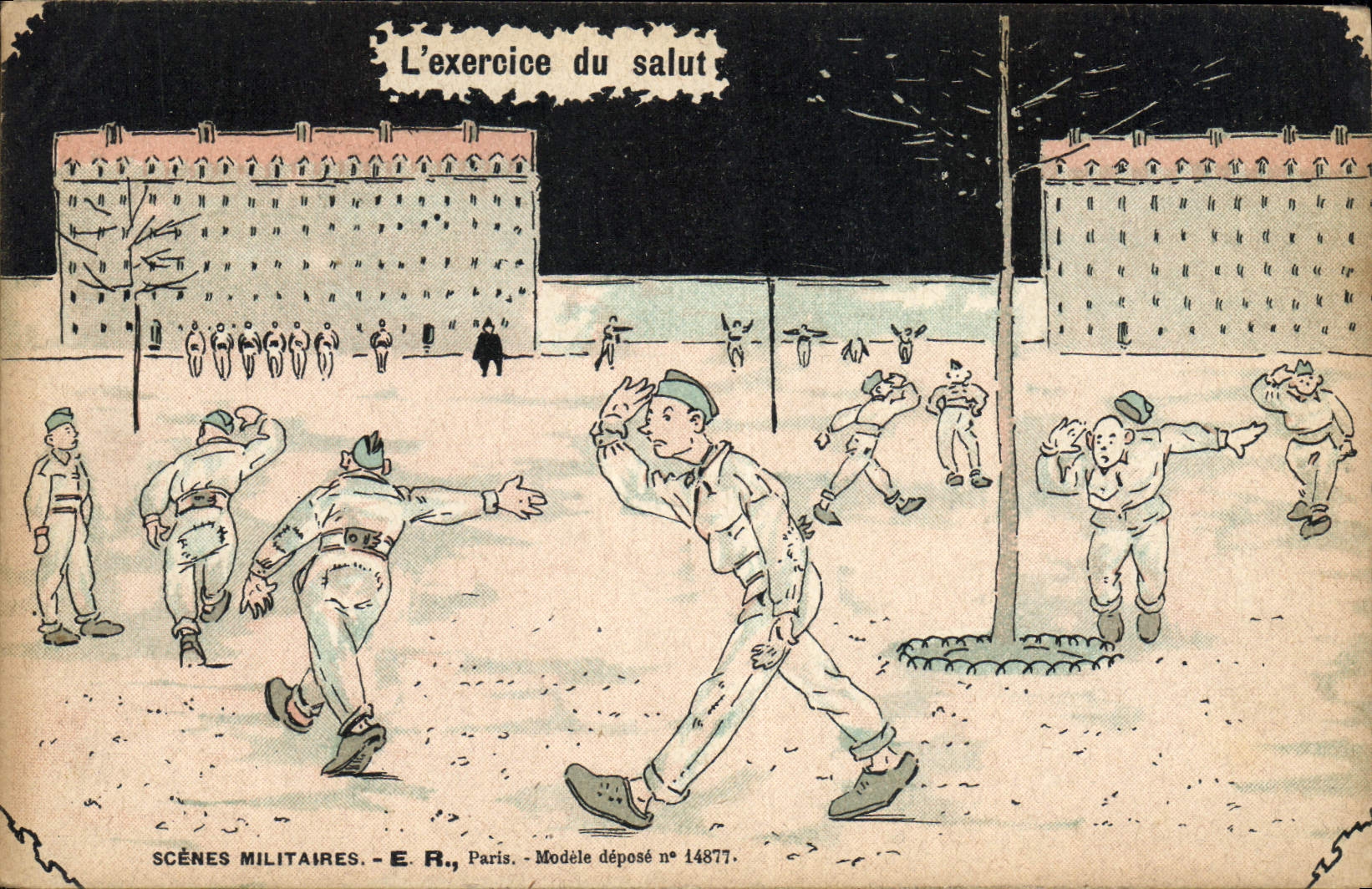Scènes militaires — L'exercice du salut — E.R., Paris, Modèle déposé n° 14877
