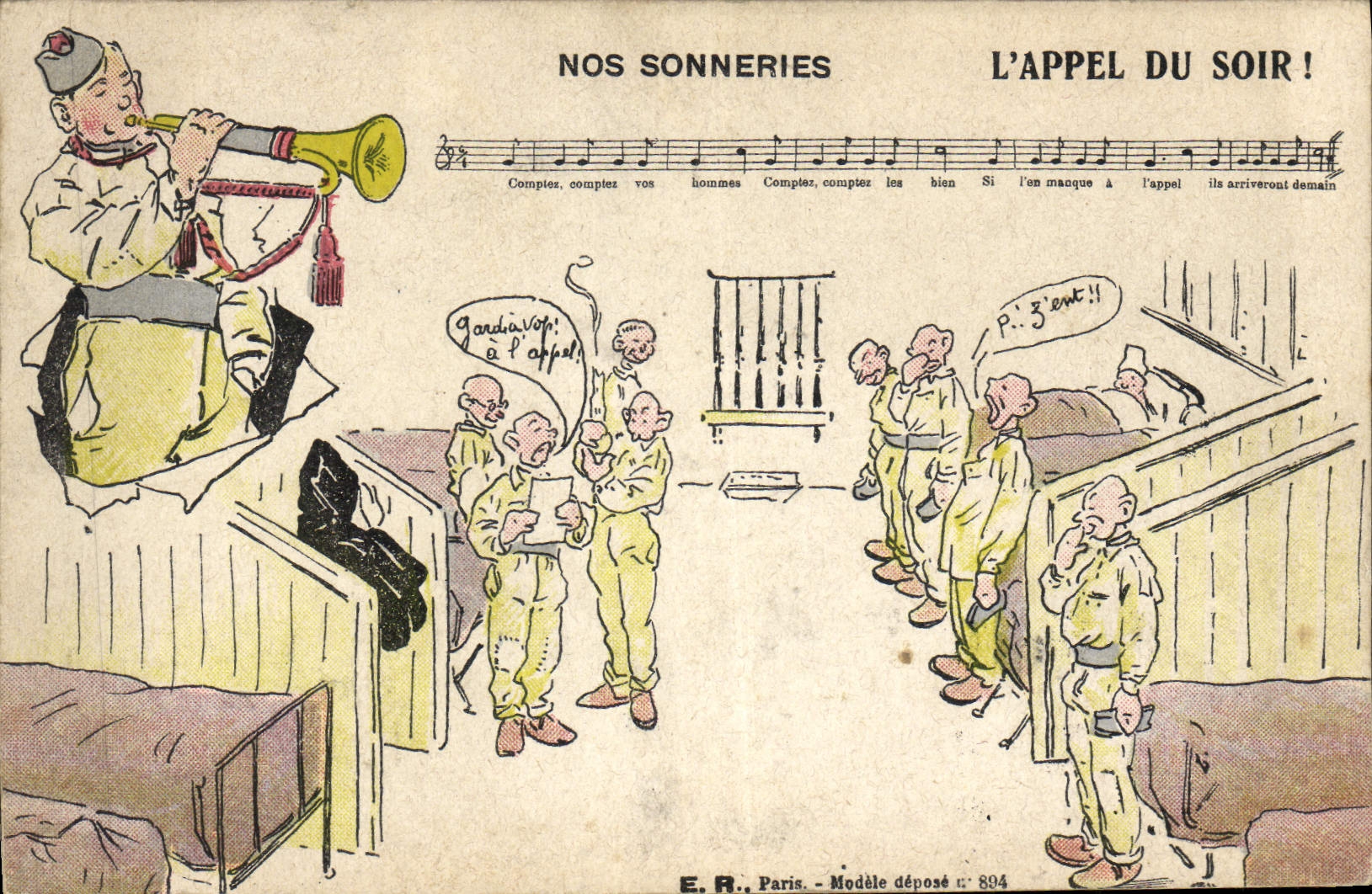 Abendruf in einer Kasematte — Karikatur von Soldaten — E.R., Paris, Modell eingetragen n° 894