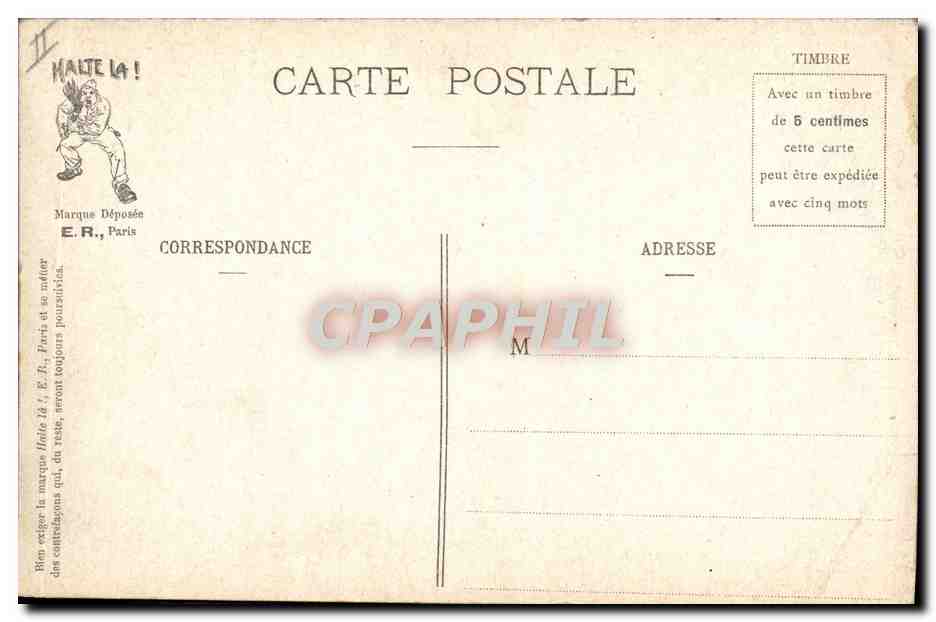 Abendruf in einer Kasematte — Karikatur von Soldaten — E.R., Paris, Modell eingetragen n° 894 — Rückseite