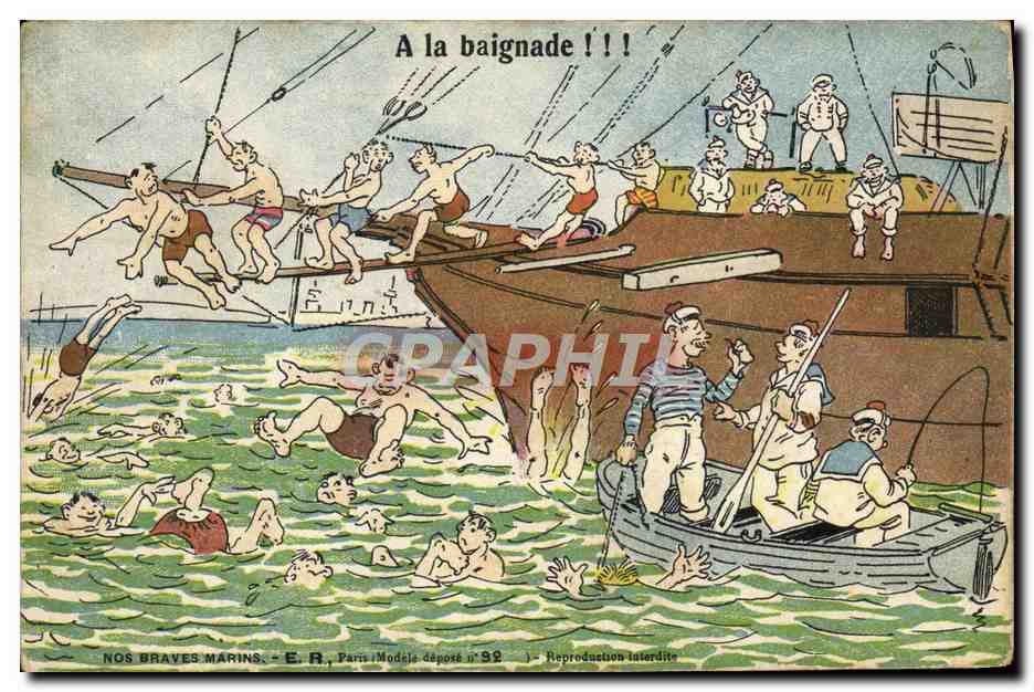 CPA Militaria A la baignade Bateau