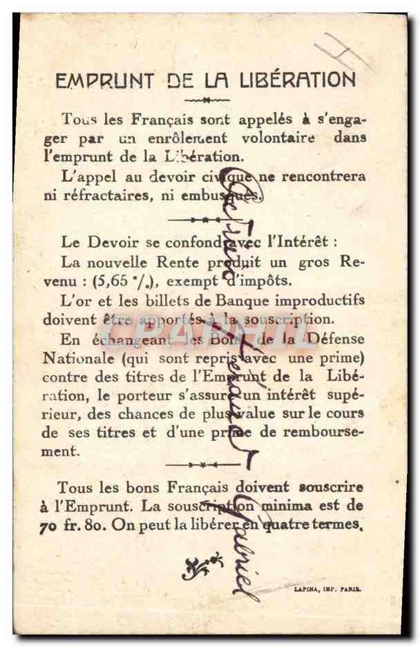 CPA Militaria Emprunt de la liberation Vainqueurs de la Marne General Maunoury  — Rückseite