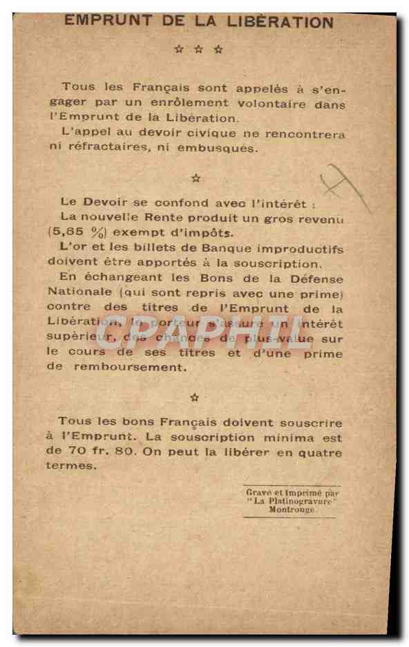 CPA Militaria Emprunt de la liberation Vainqueurs de la Marne General Gerard Dunkerque — Rückseite