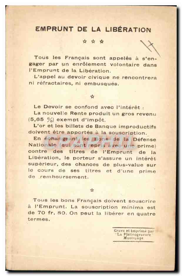 CPA Militaria Emprunt de la liberation Vainqueurs de la Marne Gal Franchet d'Esperey Mostaganem — Verso