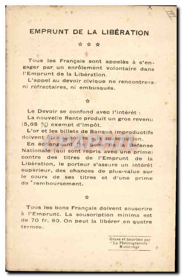 CPA Militaria Emprunt de la liberation Vainqueurs de la Marne Gal Franchet d'Esperey Mostaganem  — Rückseite