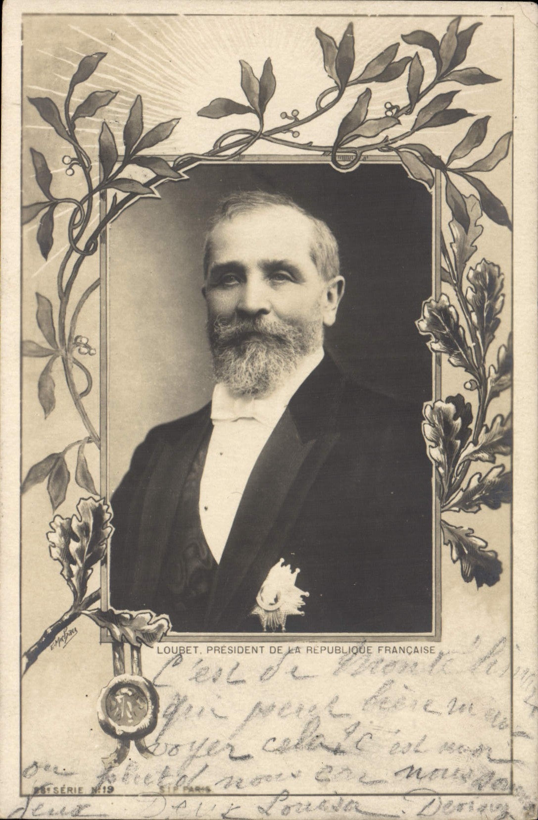 Loubet, Präsident der Französischen Republik — gerahmtes Portrait mit Lorbeeren — Verleger S. P. Paris, Serie Nr. 19