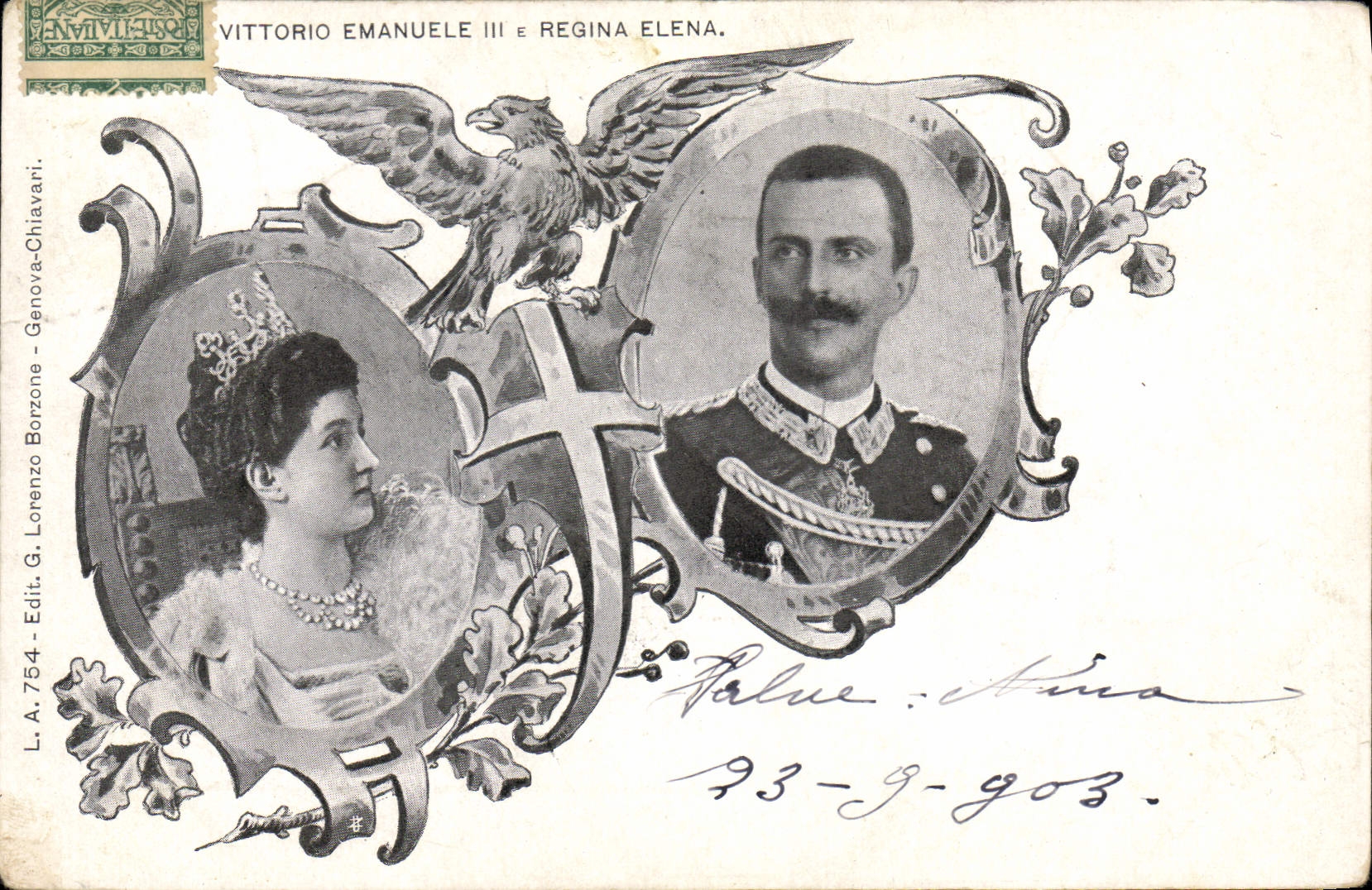 Vittorio Emanuele III et Regina Elena — portrait royal orné d'un aigle — éditeur G. Lorenzo, n° 754
