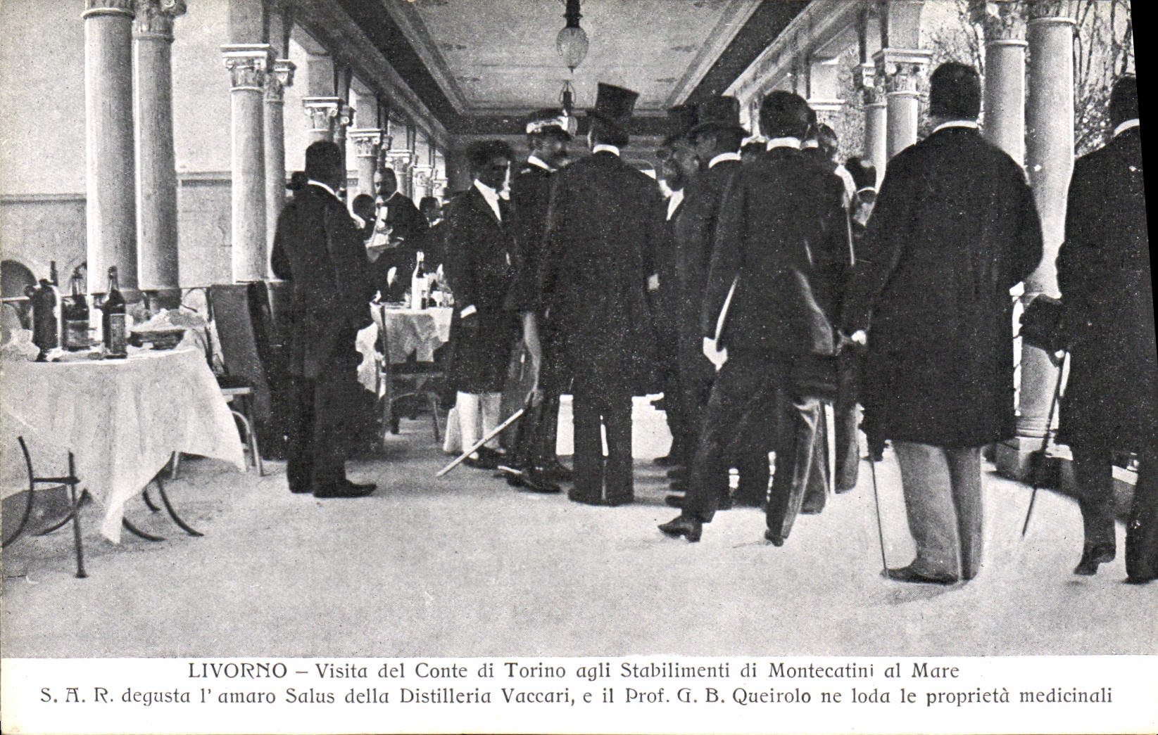 Livorno — Visite du Comte di Torino aux Stabilimenti di Montecatini al Mare et du Prof. G. B. Queirolo aux propriétés médicinales — Édition Igina Giorgi Livorno