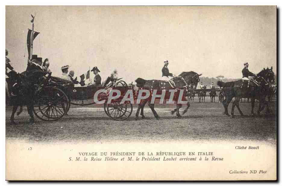 Voyage du Président de la République en Italie — S.M. la Reine Hélène et M. le Président Loubet arrivant à la Revue — Cliché Bouët