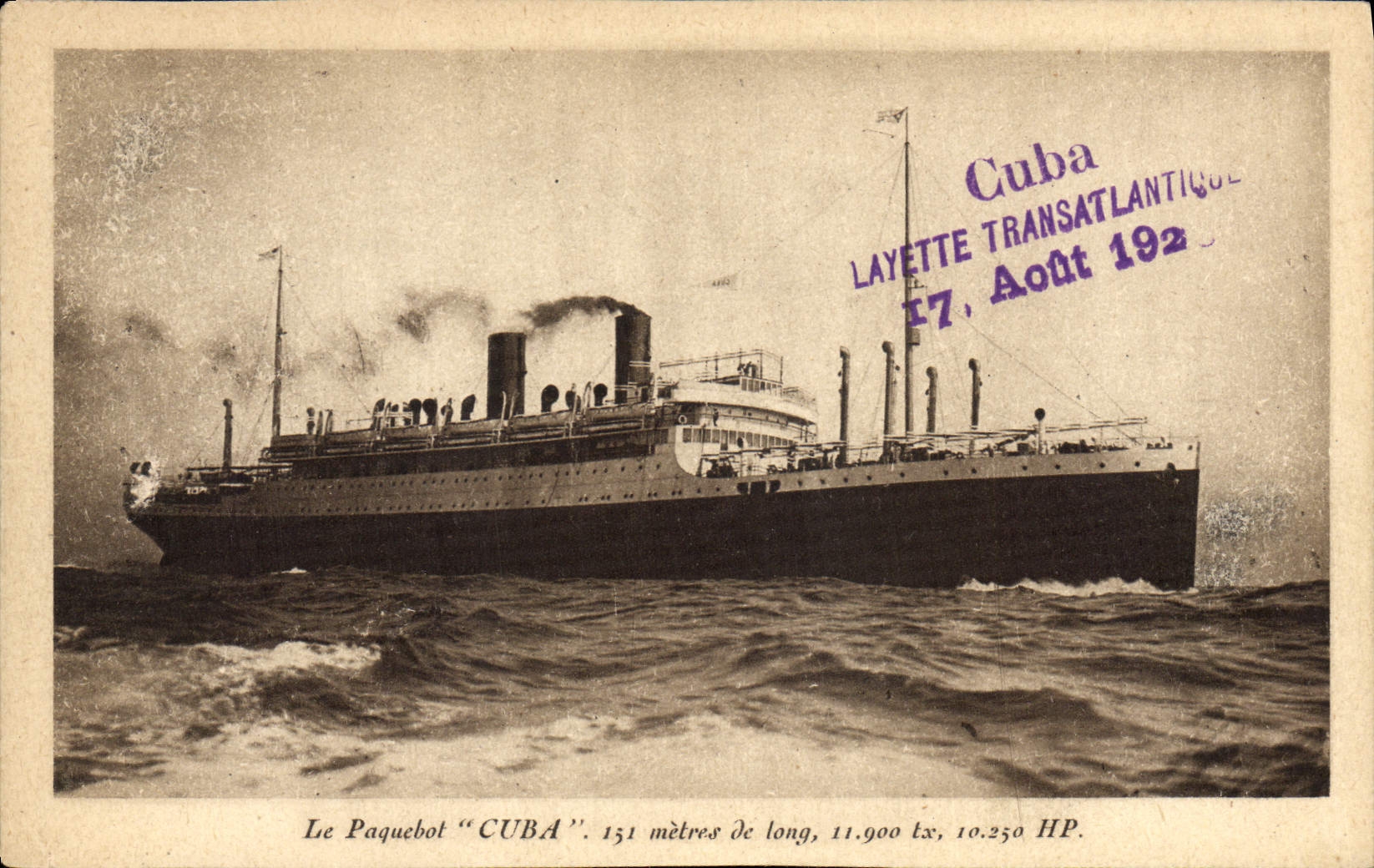 El Transbordador "CUBA" — 151 metros de largo, 11.900 tx, 10.250 CV — Edición Especial de la Cie Gie Transatlantique (French Line) - Anverso
