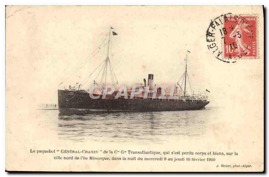 Le paquebot "GÉNÉRAL-CHANZY" de la Cie Transatlantique — naufrage sur la côte nord de Minorque — J. Geiser, phot.-Alger