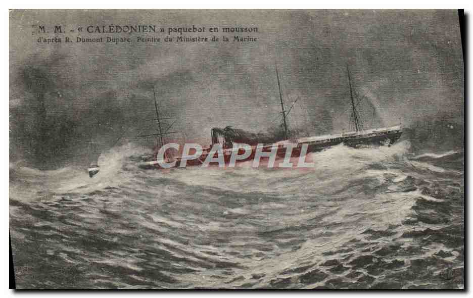 Le paquebot « Calédonien » en mousson — illustration du Ministère de la Marine — éditeur non visible