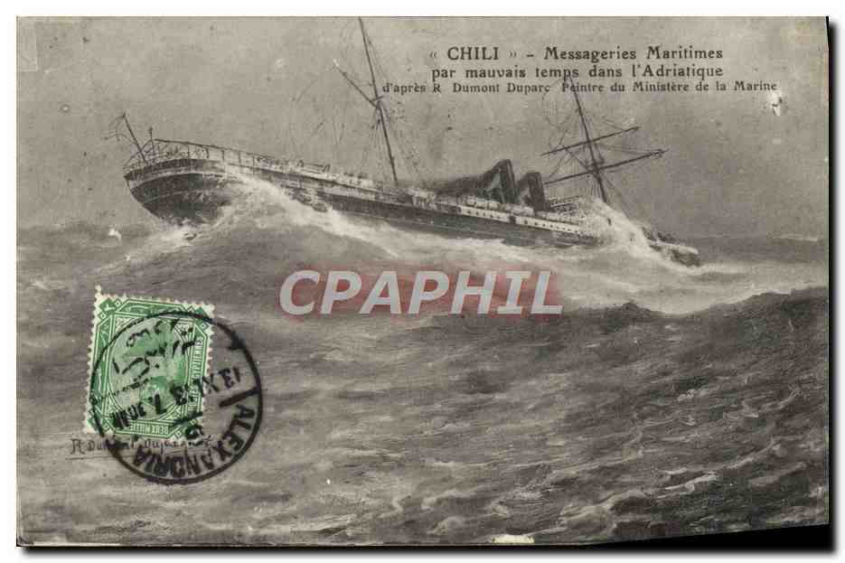 « CHILI » - Messageries Maritimes en mal tiempo en el Adriático — según R. Dumont, pintor del Ministerio de Marina