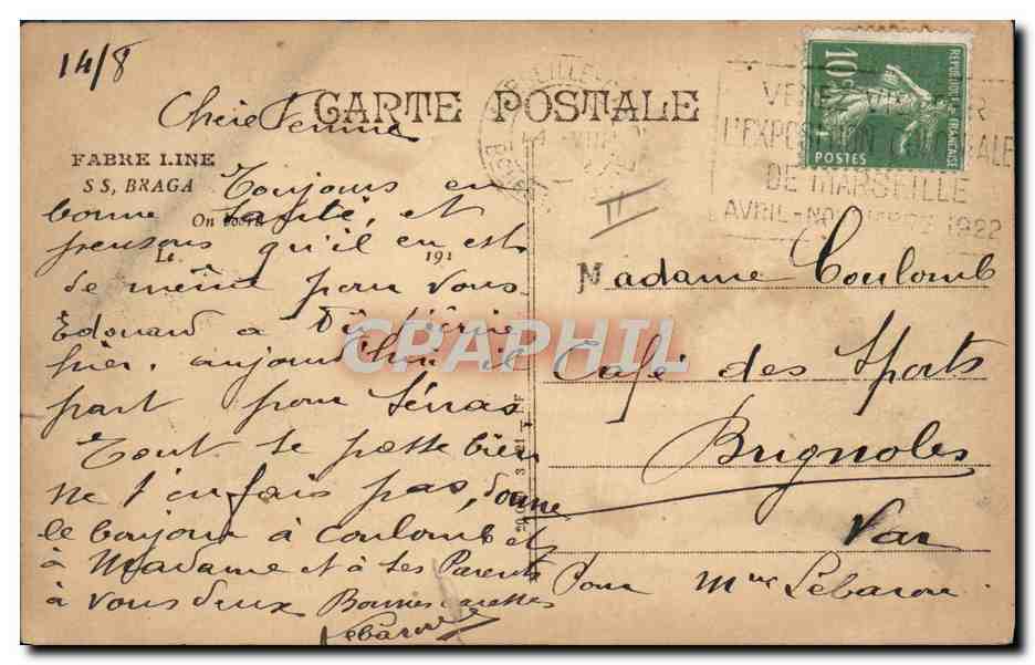 CPA Bateau Fabre Line SS Braga  — Verso