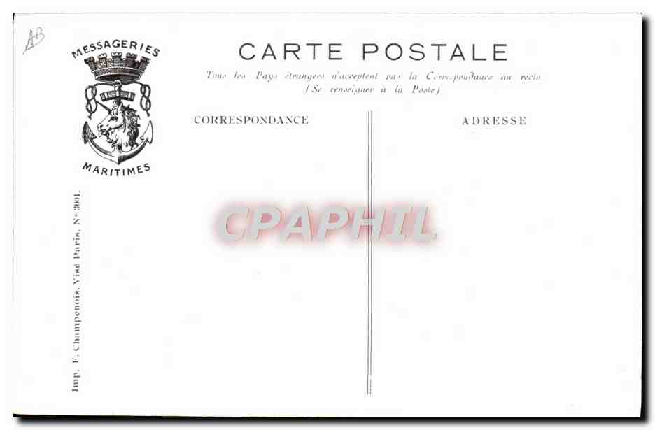 Paquebot Calédonien — Coulé le 30 juin 1917 (25 disparus) — Messageries Maritimes, N° 3901 — Verso