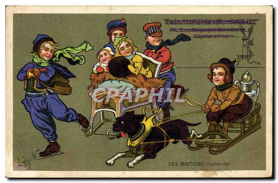 CPA Fantaisie Illustrateur Les Nations Hollande Chien Traineau Patins a glace 