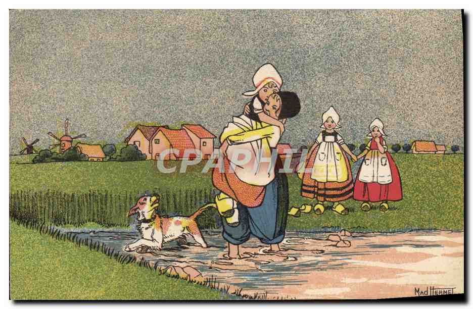 CPA Fantaisie Illustrateur Pays-Bas Folklore Hollande Mad Hermet Moulin a vent Chien