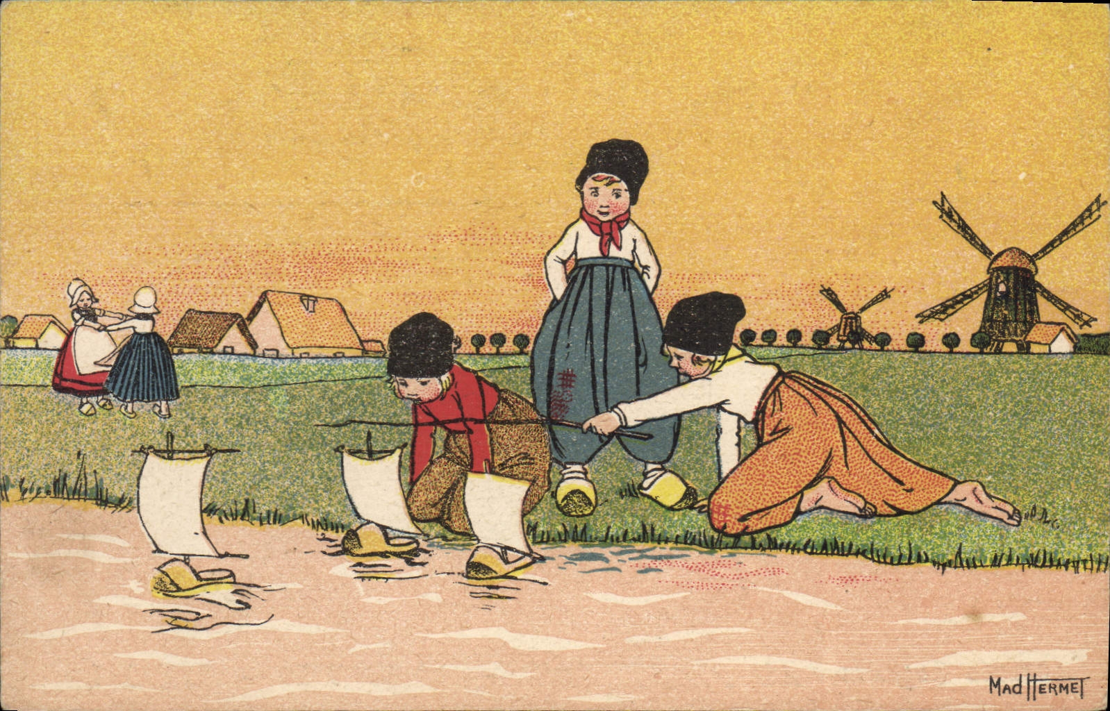 CPA Fantaisie Illustrateur Pays-Bas Folklore Hollande Mad Hermet Moulin a vent Enfants