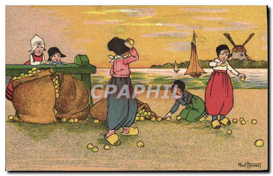 CPA Fantaisie Illustrateur Pays-Bas Folklore Hollande Mad Hermet Enfants Moulin a vent