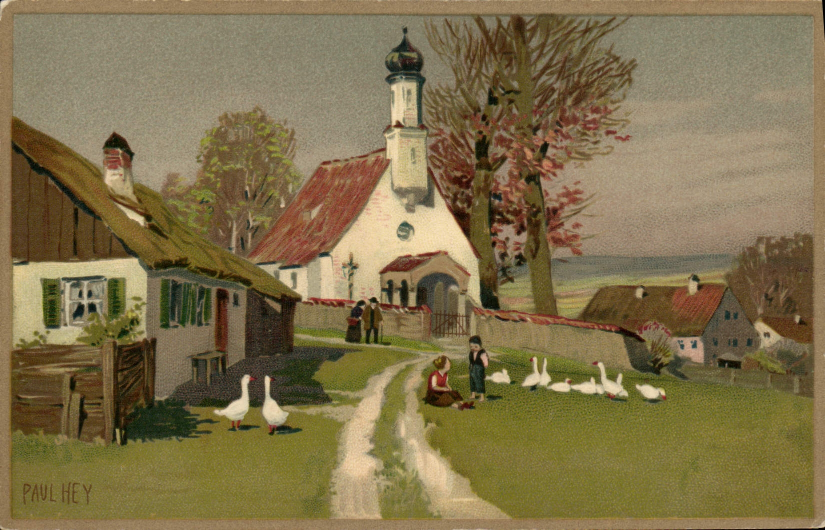 CPA Fantaisie Illustrateur Village Eglise Paul Hey