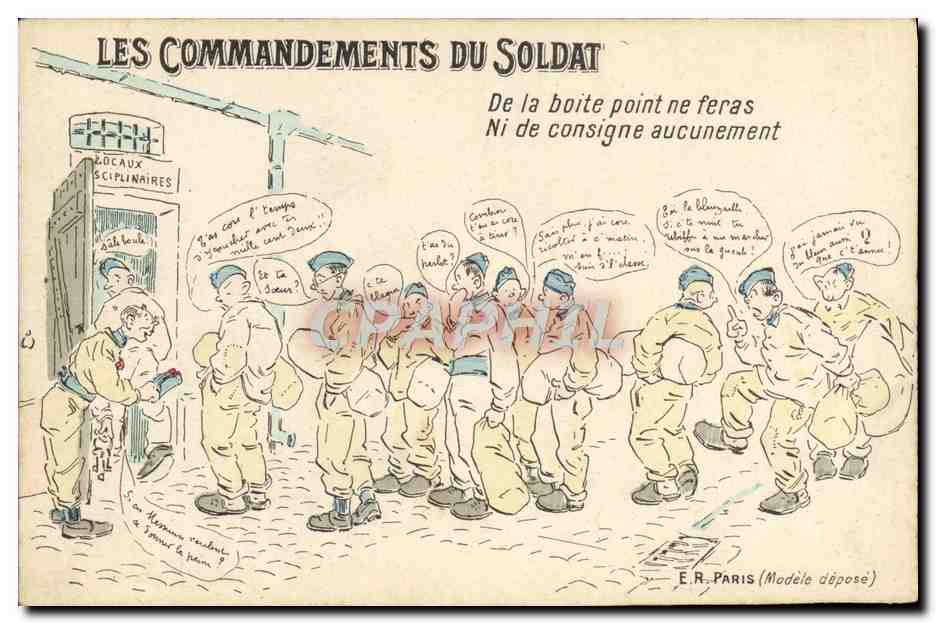 Les Commandements du Soldat — caricature militaire — E.R. Paris (Modèle déposé)