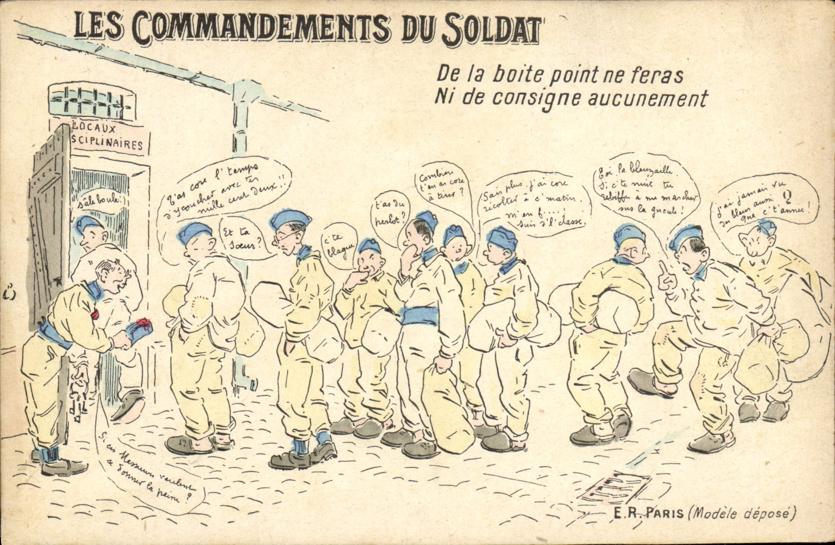 Les Commandements du Soldat — caricature militaire — E.R. Paris (Modèle déposé)